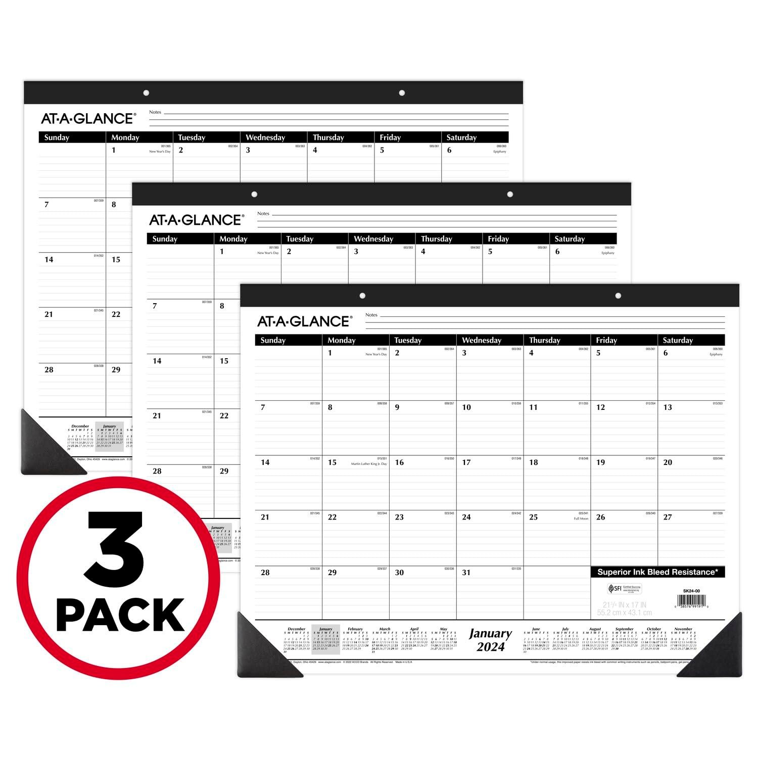 Version 1.0.0 AT-A-GLANCE 2024 Desk Calendar, Desk Pads, Monthly, 21-3/4" x 17", Large, Ruled Blocks, 3 Pack (AZSK240024) - Image 1
