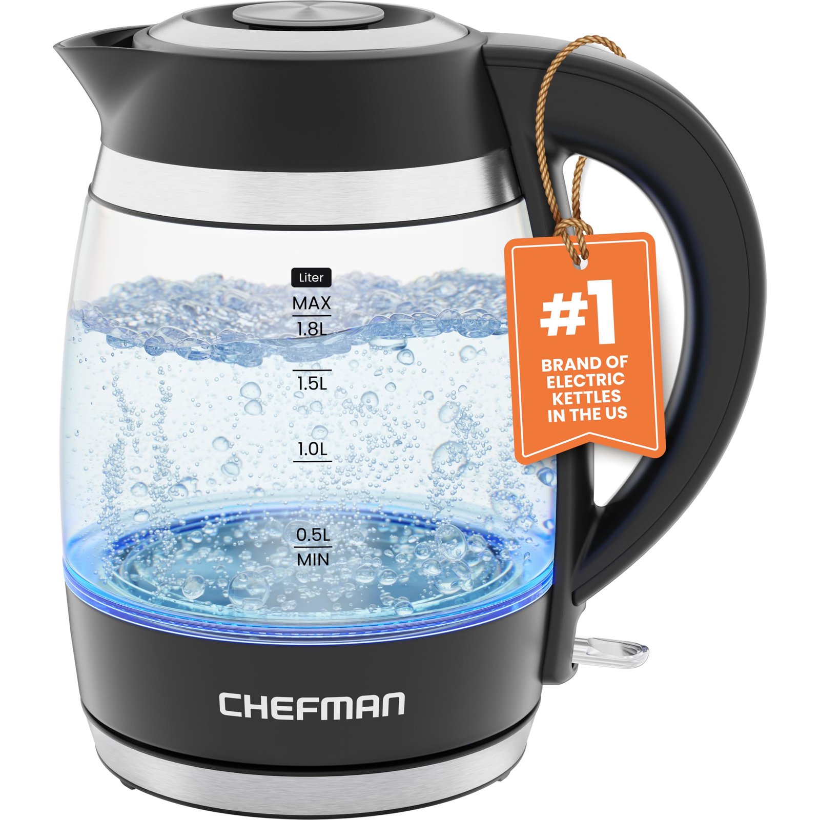Version 1.0.0 Chefman Electric Kettle, 1.8L 1500W, Hot Water Boiler, Removable Lid for Easy Cleaning, Auto Shut Off, Boil-Dry Protection, Stainless Steel Filter, BPA Free, Borosilicate Glass Electric Tea Kettle - Image 1
