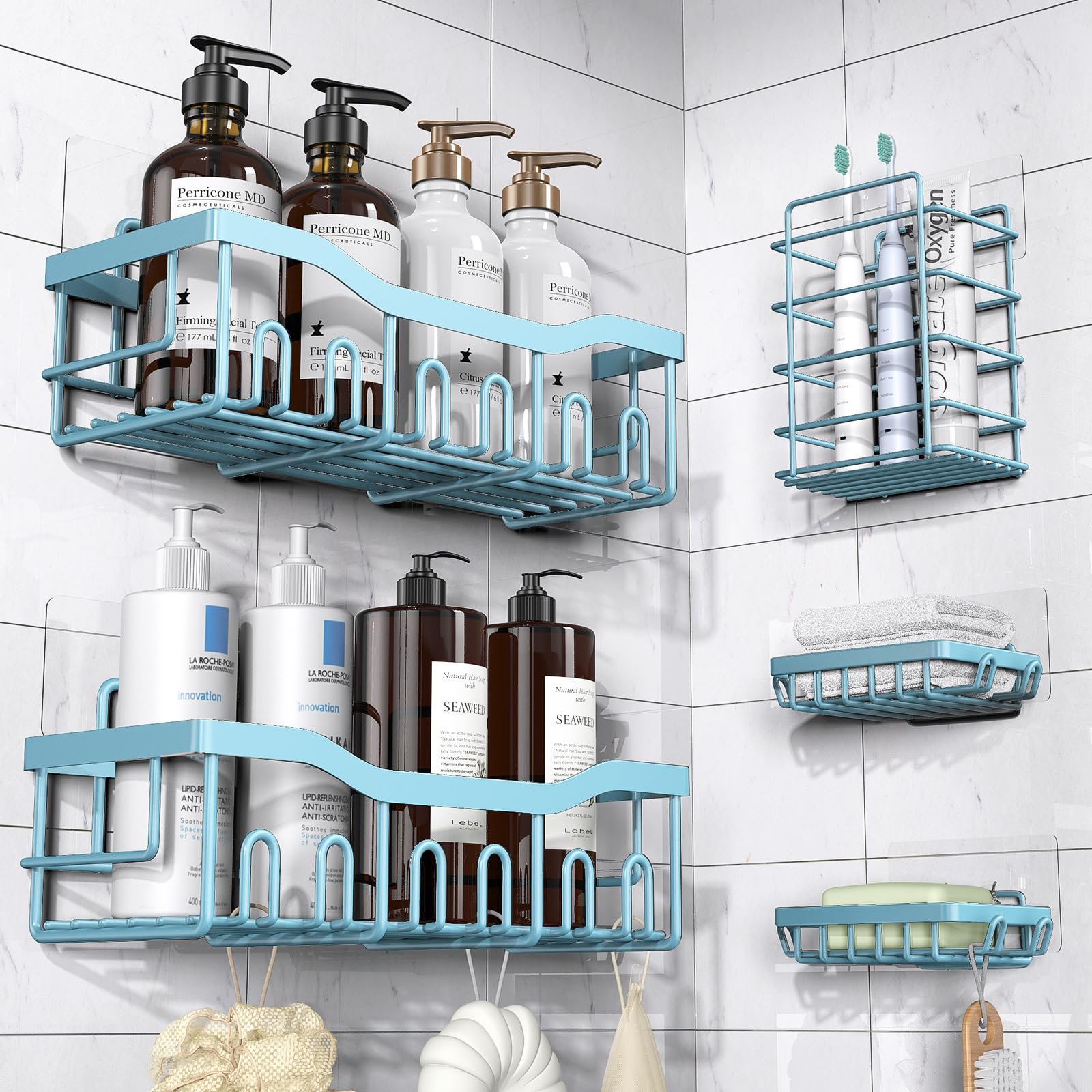 Version 1.0.0 Shower Caddy 5 Pack,Adhesive Shower Organizer for Bathroom Storage&Home Decor&Kitchen,No Drilling,Large Capacity,Rustproof Stainless Steel Bathroom Organizer,Shower Shelves for Inside Shower-Larger - Image 1