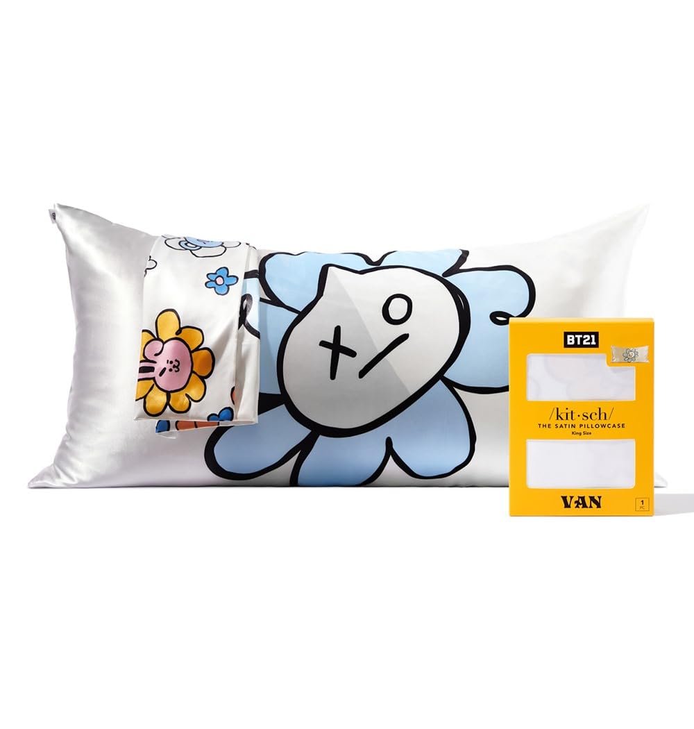 Version 1.0.0 Kitsch x BT21 Satin Pillowcase with Zipper for Hair and Skin, Softer Than Silk Pillow Cases King, Cooling Pillow Covers, Machine Washable, Wrinkle-Free, Smooth Satin Pillow Cases King Size 19x36, Van - Image 1