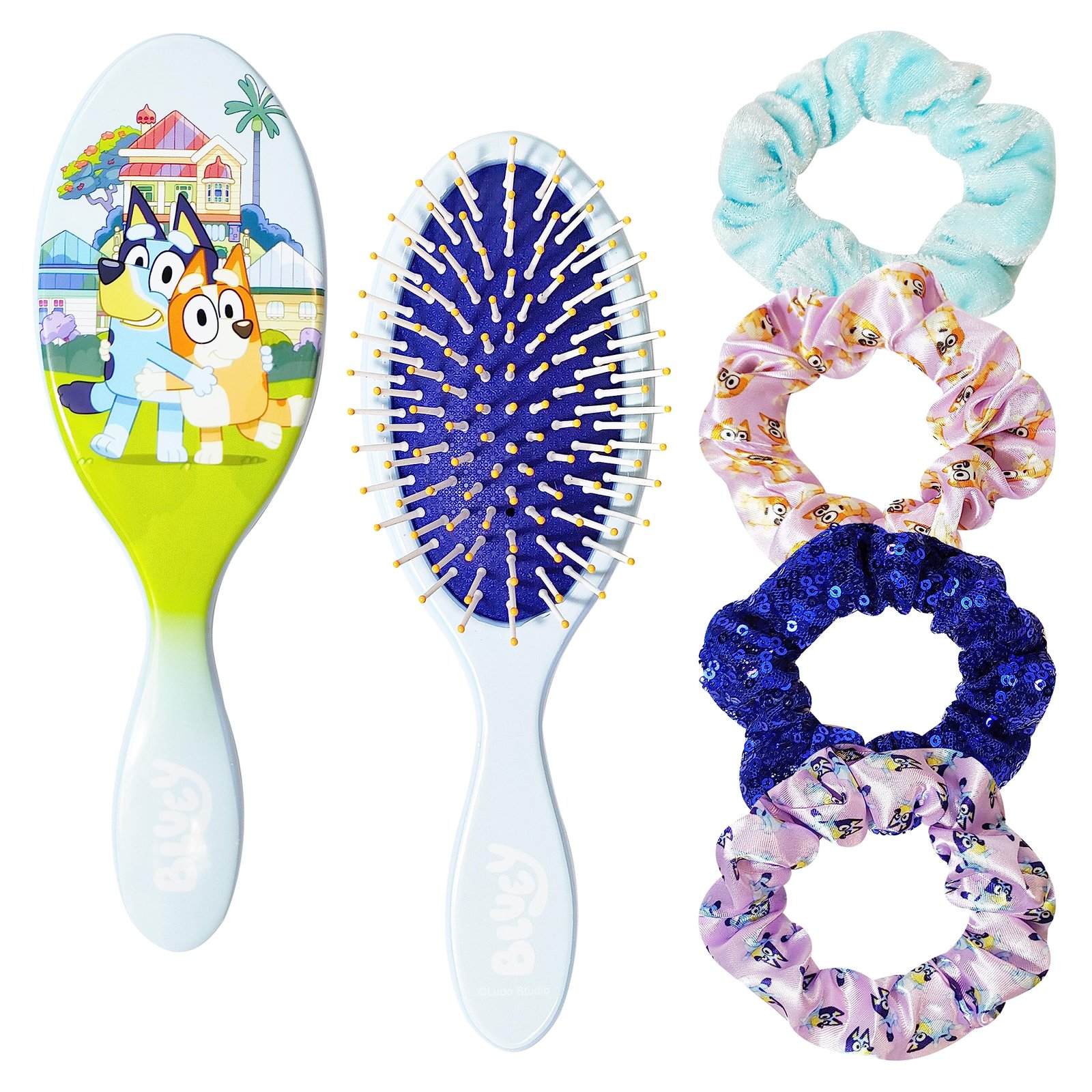 Version 1.0.0 Bluey Detangling Brush and 4 Elastic Scrunchies Hair Accessory Set for Kids - Ages 3+ - Image 1